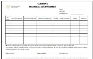Material Issuing Sheet